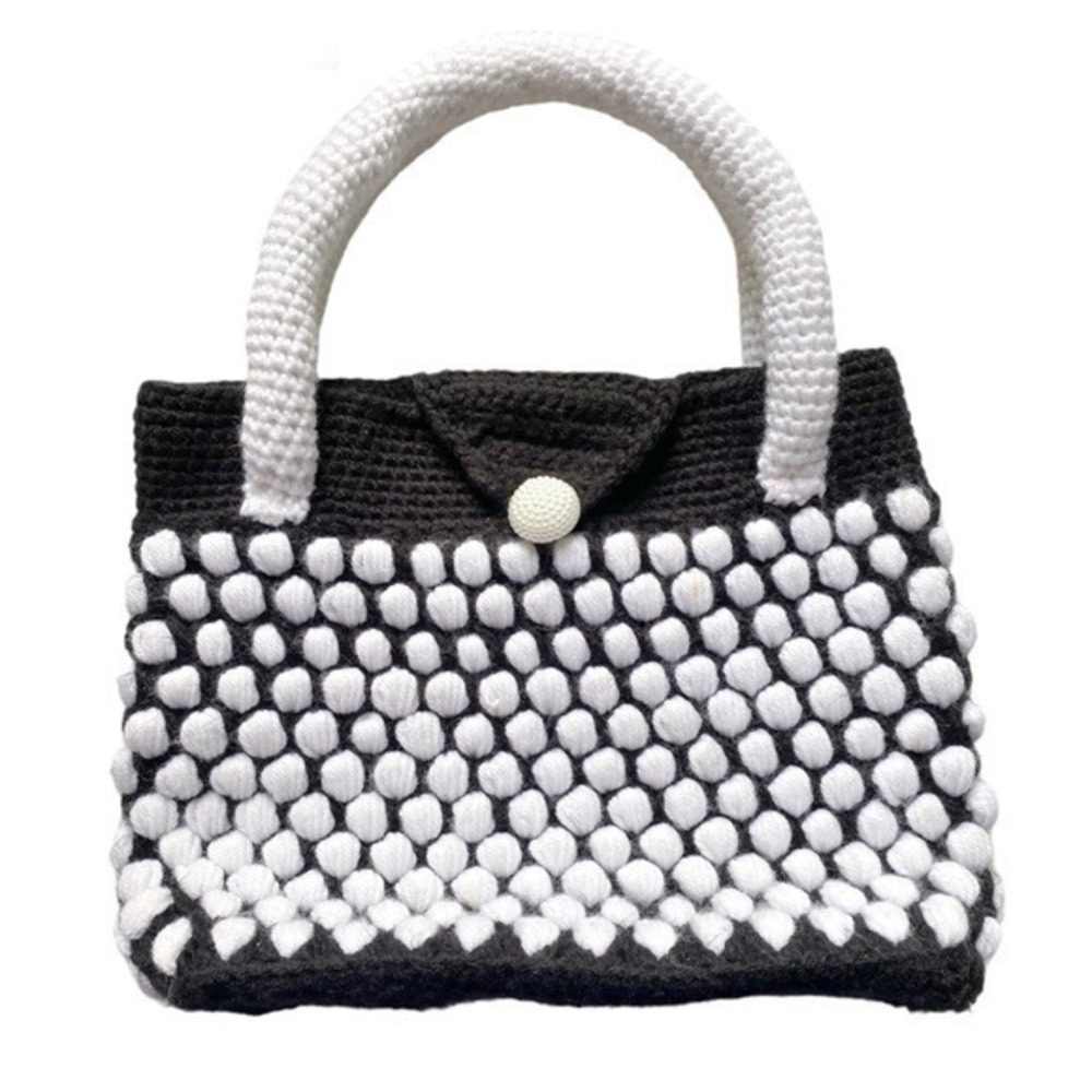 Handmade Crochet Black and White Spotted Small Tote Bag with Pearl Button